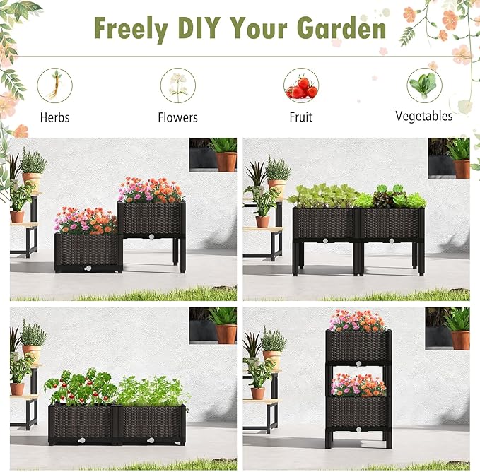 HAPPYGRILL Raised Garden Bed 2 Planter Box with Removable Legs &amp Brackets Self-Watering System Drainage Holes Outdoor Raised Beds for Gardening Veggie Herb Flower Herbs Easy Assembly