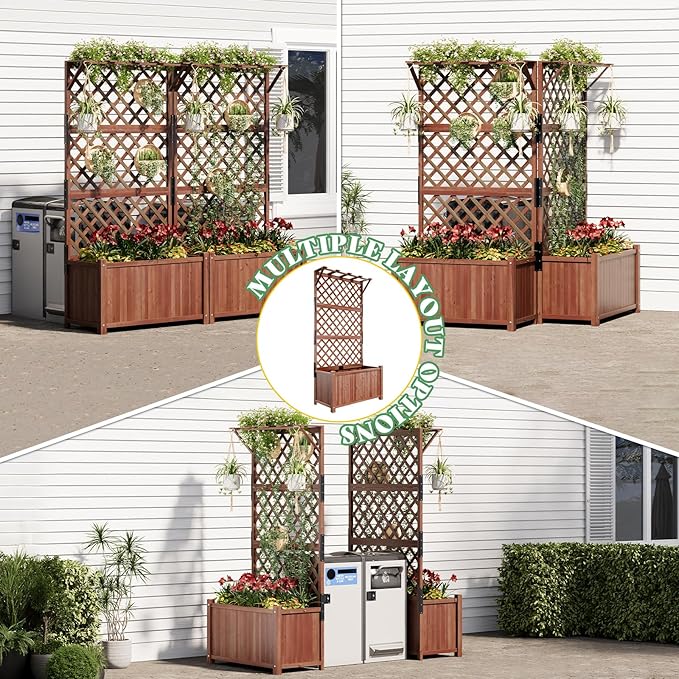 AMERLIFE Raised Garden Bed with Trellis for Vegetables Climbing Plants Durable Natural Wood Planter Box with Drainage Holes Privacy Planter for Outdoor Yard &amp Patio Easy Assembly