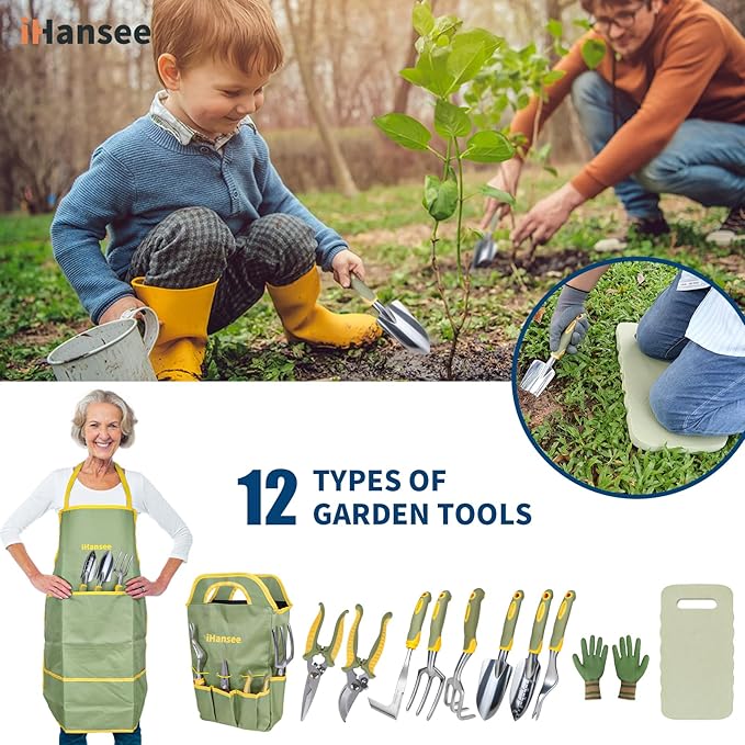 Set of 12 Garden Tool iHansee Heavy-Duty Aluminum Gardening Hand Tools with Rubber Non-Slip Handle Garden Apron Gloves Kneeling Pad and Storage Bag Garden Hand Tools Starter Kit Landscaping Tools