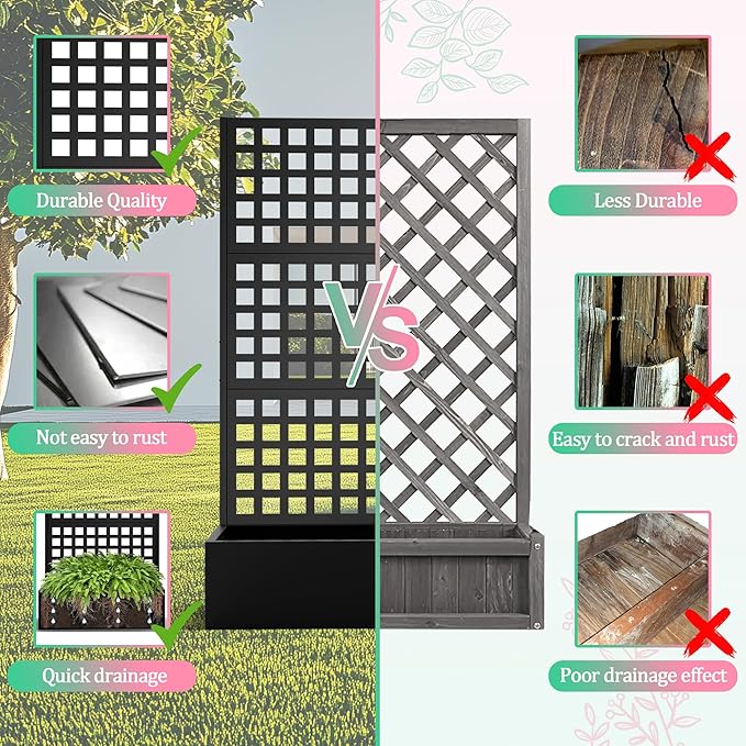 Metal Raised Garden Bed with Trellis for Climbing Plants Vegetable VinesMetal Planter Box with Trellis 71x35x16Trellis with Planter Box &amp Privacy Screen(Black)