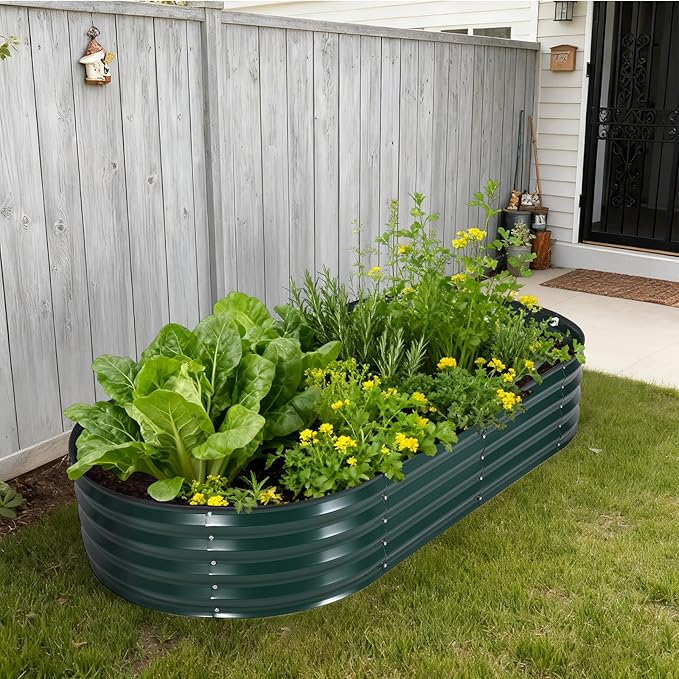 IDEALHOUSE 6'×3'×1' Oval Galvanized Steel Raised Garden Bed Kit with Removable Zippered PVC Cover &amp Open Base Outdoor Metal Planter Box for Vegetables Flowers Herbs Deep Green