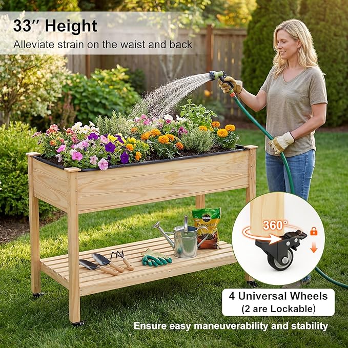 COSTWAY Pine Wood Raised Garden Bed 47 x 23 x 33 Elevated Planter Box with Storage Shelf Lockable Wheels Liner Drainage for Vegetables Flowers Herbs Yard Balcony
