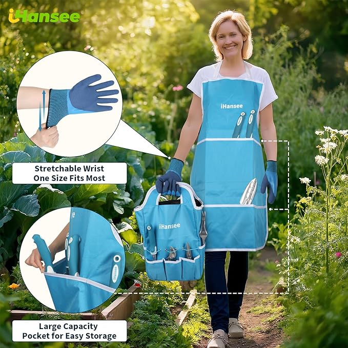 Blue Garden Tool Sets 12-Piece Aluminum Gardening Hand Tools w/Ergonomic Handle Garden Supplies Organizer Handbag Kneeling Pad Apron and Gloves Gift for Women Garden Starter Kit for Women