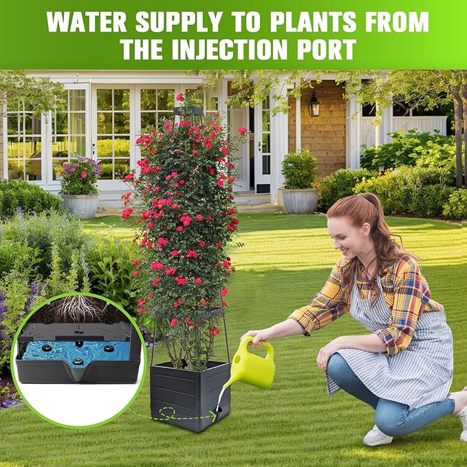 Raised Garden Bed with Trellis - Self-Watering Planter Box for Tomatoes Vegetables &amp Flowers Weather-Resistant for Patio &amp Greenhouse