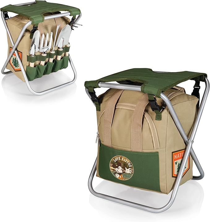 PICNIC TIME Disney Mickey Mouse Gardener Folding Seat with Tools Folding Garden Stool with Detachable Tote and Hand Tool Set Organizer Portable Gardening Chair (Olive Green with Beige Accents)