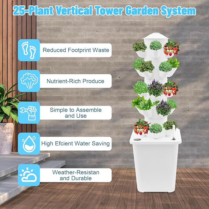 ZAIHW 25-Plant Vertical Tower Garden System Indoor Hydroponic Growing Kit with Pump Funnel &amp Water Level Gauge Vertical Vegetable Planter for Gardening Enthusiasts (White)
