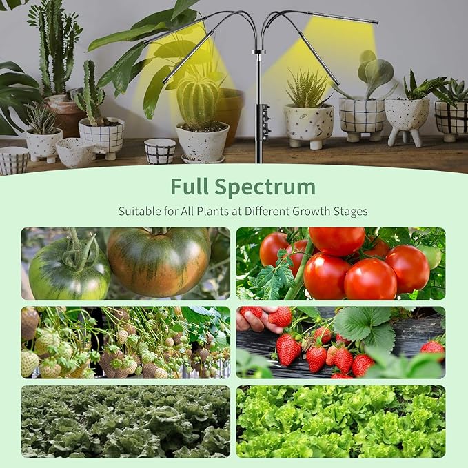 Grow Light with Stand for Indoor Plants Full Spectrum Upgrade 4-Head Plant Lights Grow Lamps Auto ON/Off Growing Light with 4/8/12H Timer Tripod Adjustable 15-60inch