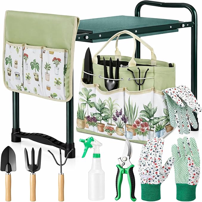 Sintuff 9 Pcs Gardening Tools Garden Kneeler with Soft Kneeling Pad Heavy Duty Garden Hand Tools with Fashion and Durable Tool Organizer Handbag Set Gardening Gifts for Women Mom Employees Gift