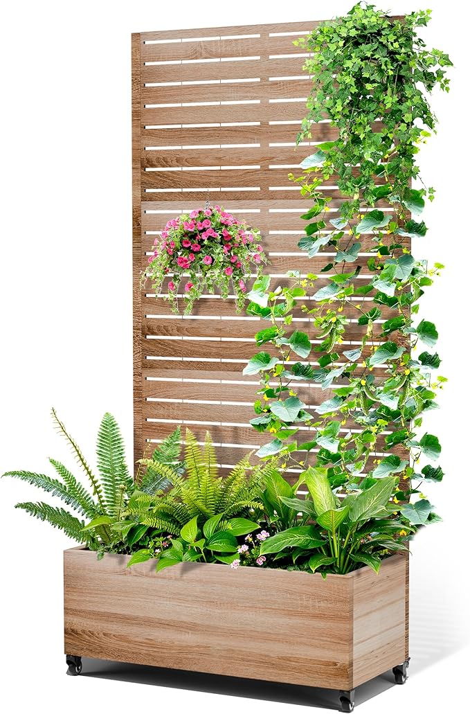 Metal Raised Garden Bed with Trellis 2-in-1 Planter Box &amp Privacy Screen for Climbing Plants Outdoor Standing Flower Bed with Drainage Holes 35.4 L x 15.7 W x 70.1 H Cut Oak Grain