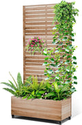 Metal Raised Garden Bed with Trellis 2-in-1 Planter Box &amp Privacy Screen for Climbing Plants Outdoor Standing Flower Bed with Drainage Holes 35.4 L x 15.7 W x 70.1 H Cut Oak Grain