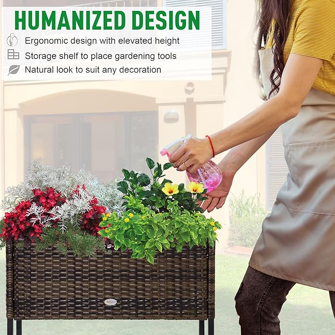 Outsunny Raised Garden Bed Elevated Planter Box with Rattan Wicker Look Tool Storage Shelf Portable Design for Herbs Vegetables Flowers Brown