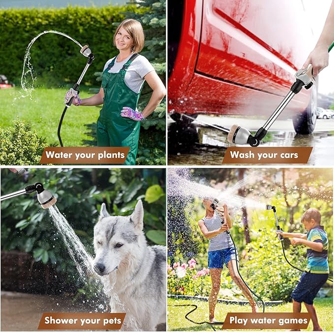 RESTMO Metal Watering Wand Heavy Duty Garden Hose Wand with 180° Swivel Ratcheting Head 16'' Hose Nozzle Sprayer with 7 Spray Patterns and Flow Control for Water Hanging Baskets and Shrubs Gold