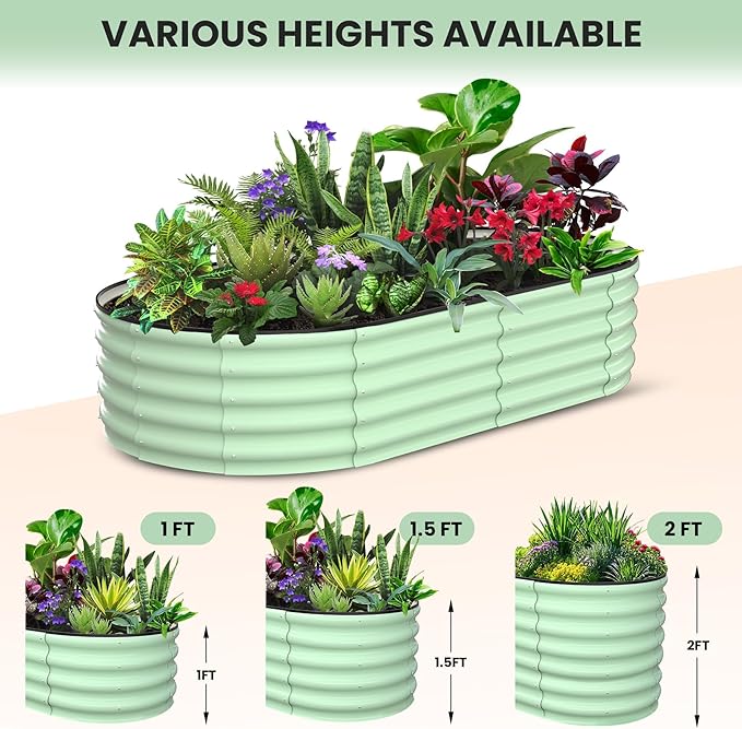 2 Pcs Oval Raised Garden Bed 6 * 3 * 1FT Galvanized Metal Planter Boxes with Open Base for Gardening Raised Bed Planter for Vegetables Flowers Olive Green