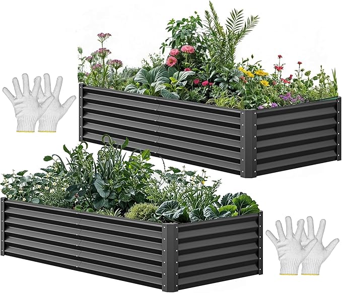 YITAHOME 72x36x18 in 2pcs Galvanized Raised Garden Bed Kit Large Metal Planter Box with Gloves &amp Support Rod Outdoor Flower Bed for Plants Vegetables Black