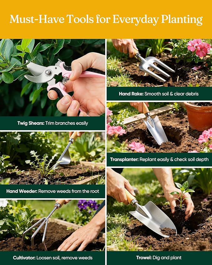 12-Piece Womens Gardening Tools Gift Set Rust-Proof &amp Heavy-Duty Garden Tools with Durable Carrying Case Fashionable &amp Thoughtful Gardening Gifts for Women&ampMen (Pink-Silver)