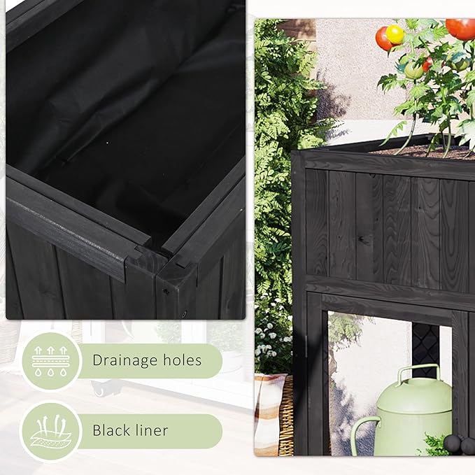Christopher Knight Home Belfast Small Patio Cold Frame Fir Wood Greenhouse Compact 2 Doors Garden Greenhouse with Wheels Raised Bed with Liner Cold Frame Potting Cabinet for Balcony Yard Black