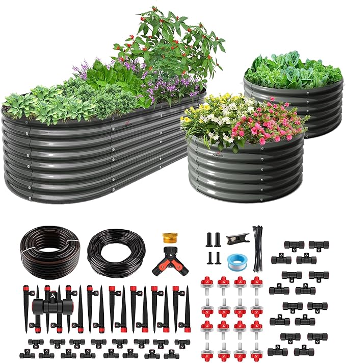 A ANLEOLIFE Raised Garden Bed Bundle with 230FT Drip Irrigation System Kit 8x4x2ft Oval Metal Bed + 2-Pack Round Metal Planters Quartz Grey