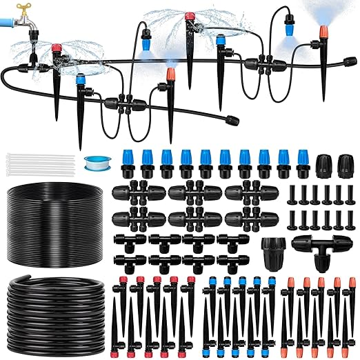 230FT Drip Irrigation System for Garden with 40 Nozzles &amp Emitters Garden Watering System with 1/2 &amp 1/4 Tube and Barbed Fittings - Adjustable Sprinklers Kit for Greenhouse Lawn Raised Be