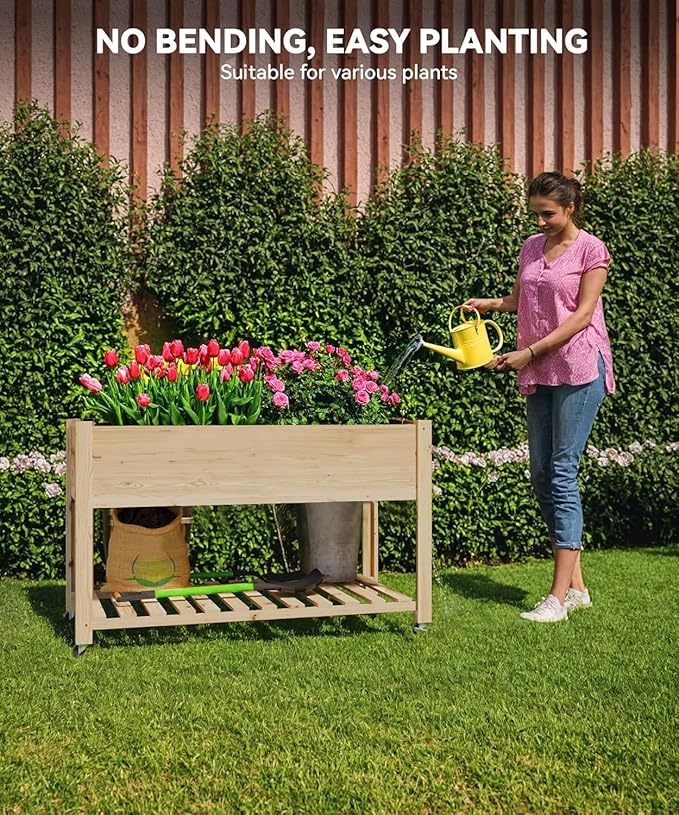 IDEALHOUSE Planter with Lockable Wheels - 48x24x32 in Mobile Elevated Raised Garden Bed Storage Shelf Protective Liner Natural Finish