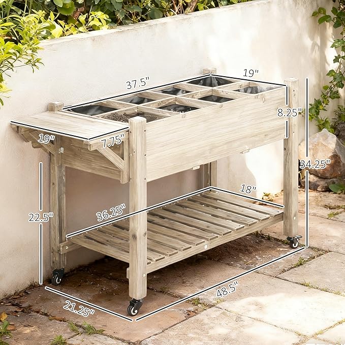 Outsunny Raised Garden Bed with 8 Grow Grids Wooden Outdoor Plant Box Stand with Folding Side Table and Wheels 49 x 21 x 34 for Vegetables Flowers Herbs Natural
