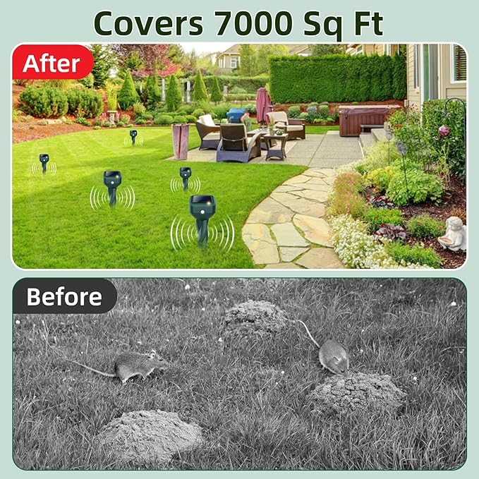 Mole Repellent Solar Powered 4 Pack Snake &amp Rabbit Repellent for Yard IP 65 Waterproof Ultrasonic Deterrent Stakes Get Rid for Armadillo Gopher Vole Chipmunk Deer Groundhog for Lawns Garde