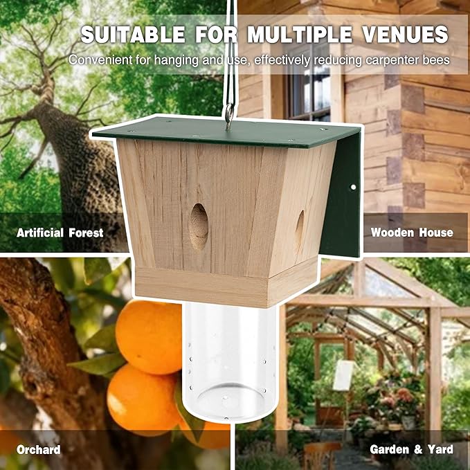 Carpenter Bee Trap for Outside - Green Pentroof Shed Style Nature Hanging Wood Carpenter Bee Traps Outdoor - Best Bee Trap - Insect Traps with Removable Vault (4 Pack)