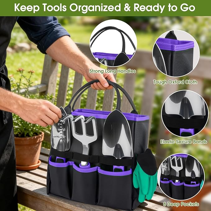 WOWBOX Garden Tools Set - 10 PCS Heavy Duty Gardening Hand Tools Kit with Storage Tote Rust-Resistant Gardening Supplies for Planting with Non-Slip Ergonomic Handle for Women and Men (Purple)