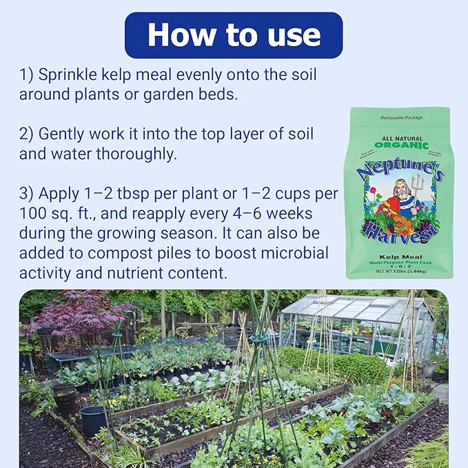 Neptune’s Harvest Organic Kelp Meal Plant Food (1-0-2) - 12 lb Resealable Bag - Multi-Purpose Seaweed Fertilizer - Indoor &amp Outdoor Plant Fertilizer for Lawns Gardens Vegetables &amp Bulbs