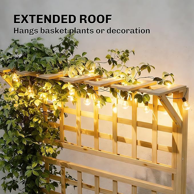 Outsunny Wooden Raised Garden Bed with Trellis and Roof Elevated Outdoor Planter Box with 2 Shelves Drainage Hole and Liner for Climbing Plants Vegetables Flowers Natural