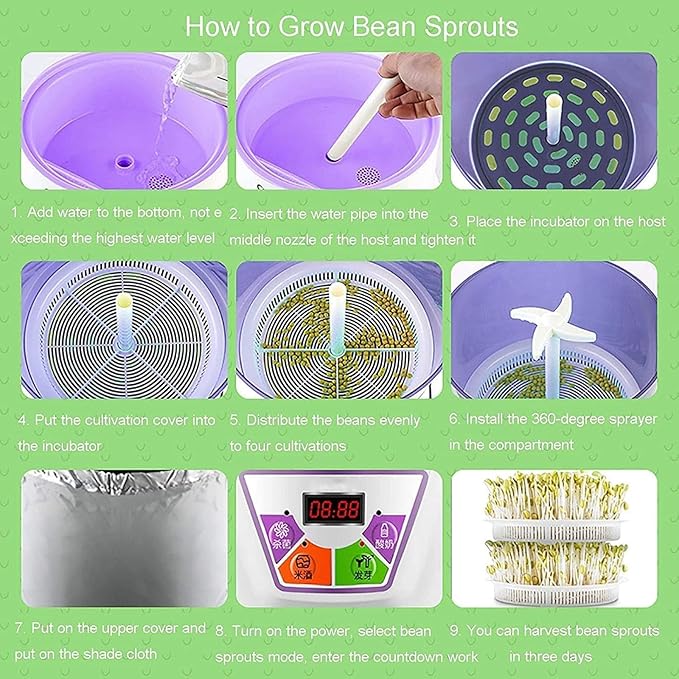 Home Bean Sprouts Machine 2 Layers Automatic Beansprout Growing Kit 360° Watering Intelligent Constant Temperature for Mung Bean Radish Wheatgrass