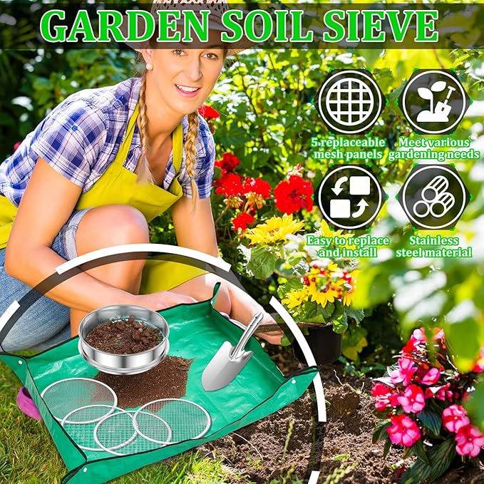 Soil Sifter for Gardening 8 Inch Stainless Steel Garden Sieve with 5 Replaceable Screens 1/3/6/9/12mm Garden Sifter with Shovel Gloves Planting Mat for Sand Rocks Dirt Compost