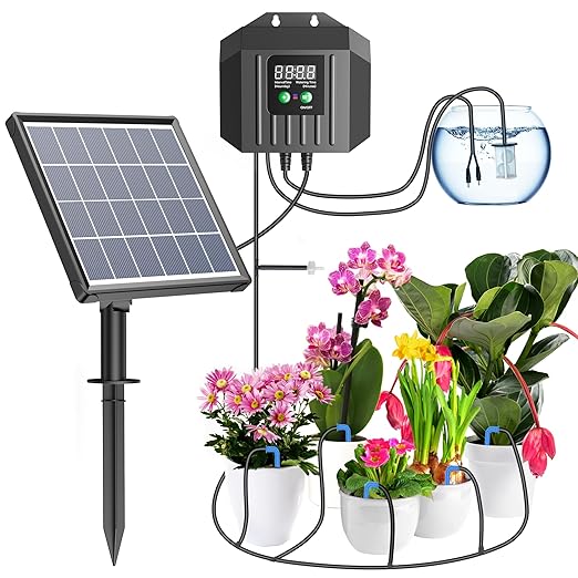 Biling 3W Solar Drip Irrigation System Digital Programmable Smart Watering Kit with 2200mAh Battery for 15 Potted Plants Indoor/Outdoor Use