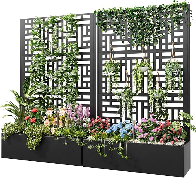Metal Planter with Trellis 70 x 43.3 x 16 Metal Raised Garden Bed Planter Box with Trellis Privacy Screen Planter Box for Climbing Plants Flowers Vegetables Fruits (1)