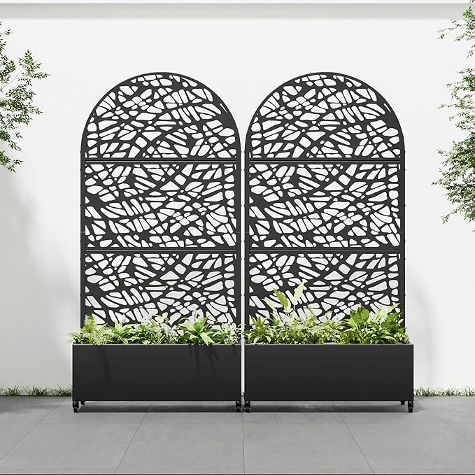 Casaphoria 72x35 Metal Raised Garden Bed with Trellis(2 Pack) Outdoor Planter Box with Wheels &amp Drainage Holes for Climbing Plants Elevated Garden Kit with Privacy Screen Black-Net Arched