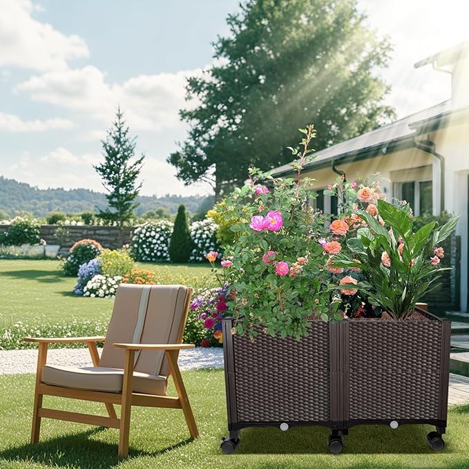 MAYOLIAH Deep Root Raised Garden Bed on Wheels Outdoor Large Plastic Planter Box with Drain Plugs 31.5x15.7x19.7-inch Brown