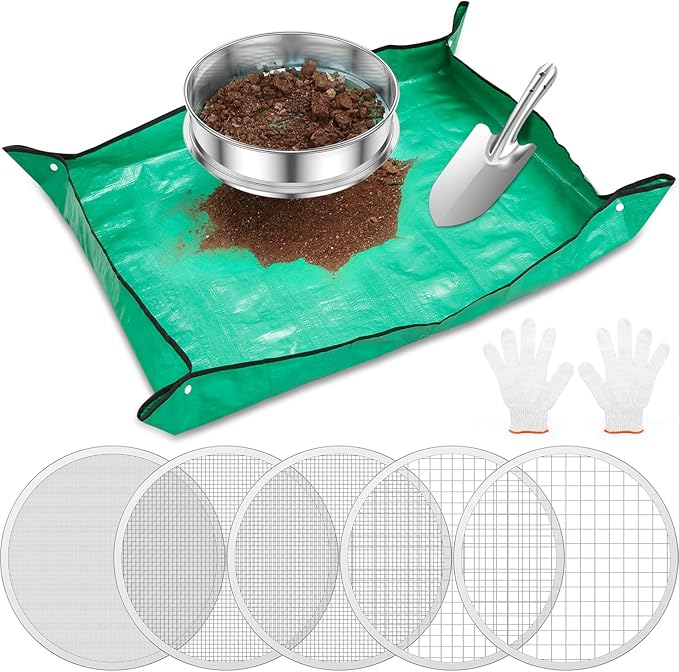 Soil Sifter for Gardening 8 Inch Stainless Steel Garden Sieve with 5 Replaceable Screens 1/3/6/9/12mm Garden Sifter with Shovel Gloves Planting Mat for Sand Rocks Dirt Compost