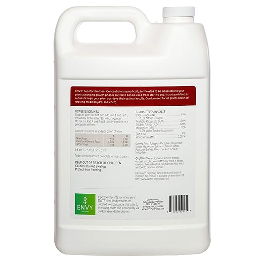 ENVY Part B (1-5-6) NPK - Part B of Two-Part Base Nutrient for Growing Vegetables Herbs &amp Fruit Complete Base Nutrients for Hydro Soil &amp Coir (Part B 4 Gallon Case)