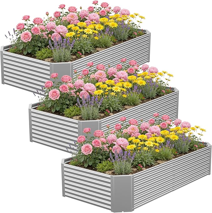 3 Pcs 4 x 2 FT Galvanized Steel Raised Garden Bed – Large Outdoor Planter Box for Vegetables Herbs &amp Flowers Heavy-Duty Metal Garden Box for Backyard Gardening