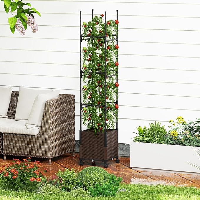 Giantex Raised Garden Bed Planter Box with Trellis 87 Tomato Planter for Climbing Vegetables Flowers Vine Plant Self-Watering Tomato Cage with Wheels for Garden Patio Outdoor &amp Indoor