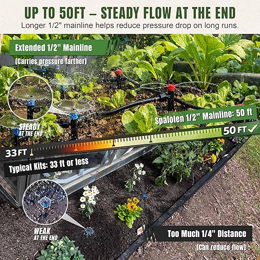Push-to-Connect Drip Irrigation System Adjustable Irrigation System for Garden Raised Bed Automatic Plant Watering System Complete Drip Irrigation Kit with Drip Emitters Tubing Connectors