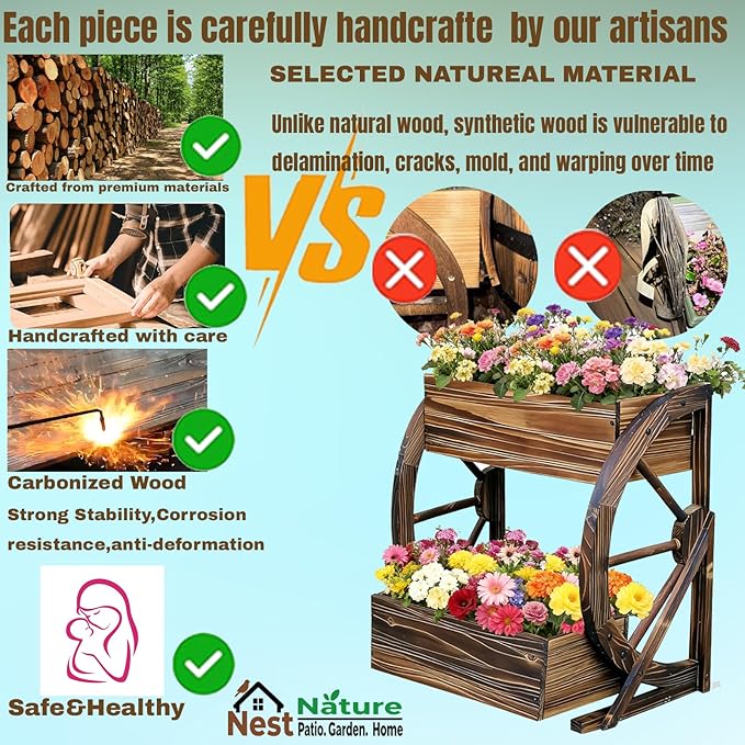 Wooden Wagon Garden Planter Box with Wheels-Indoor/Outdoor Decor for Patio Backyard Balcony-Country Farmhouse Flower Box-2 Tier Rustic Garden Raised Bed for Flowers Herbs Vegetables