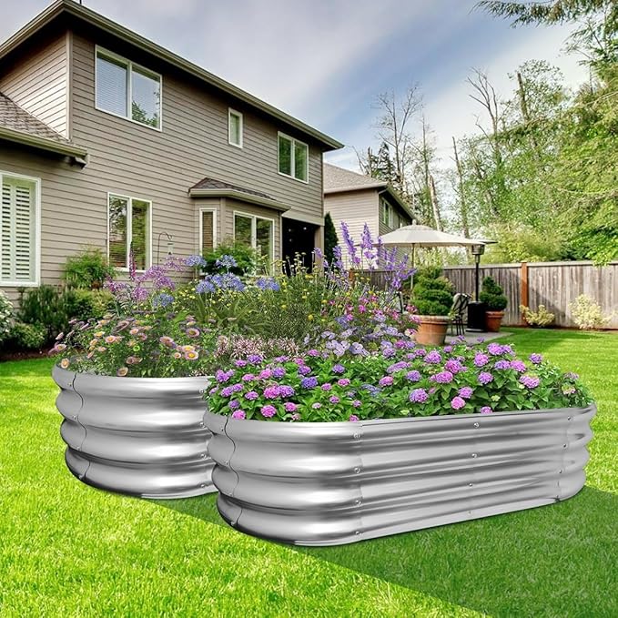 Galvanized Raised Garden Bed Outdoor Oval Metal Planter Box for Vegetables 4x2x1ft Outdoor Gardening Kit Flower Helb