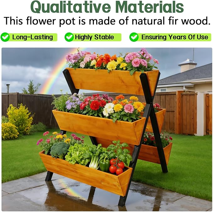 3 Tiers Wooden Vertical Raised Garden Bed with LegsBrown Planter Raised Beds Kit for Flowers Herbs Vegetables (29 L x34 W x32 H)