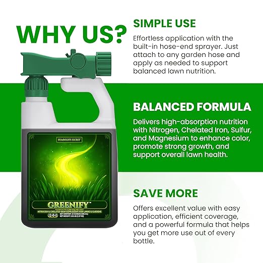 Humboldts Secret Greenify | 12-0-0 Nitrogen &amp 6% Iron Liquid Lawn Fertilizer | Concentrated Fertilizer Spray - Liquid Nitrogen Fertilizer - Chelated Iron Fertilizer Liquid Iron for Lawn | 32 oz