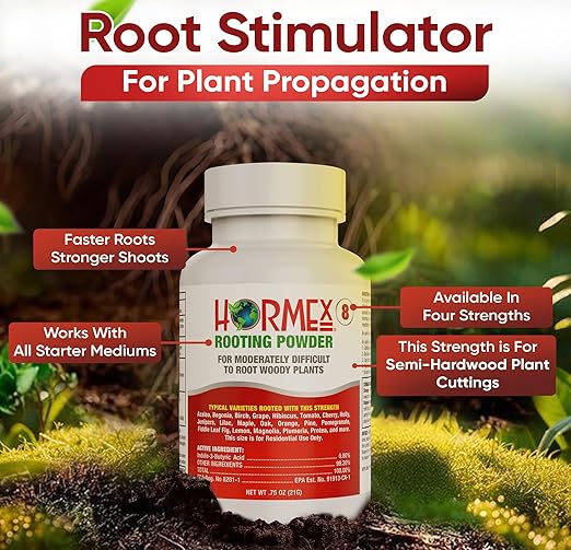 Hormex Rooting Hormone Powder #8 (0.80% IBA) for Semi-Hardwood Plants Trees &amp Shrubs – High Strength Root Stimulator Growth Hormone &amp Root Booster for Woody Cuttings Cloning &amp Propagat