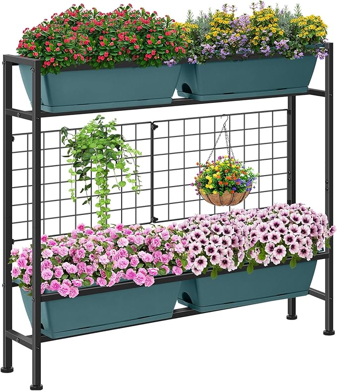 CADUKE Raised Planter Box with Legs 32 Elevated Vegetable Garden Beds Raised Garden Bed with Drainage Holes &amp Trellis Herb Garden Planter Outdoor for Vegetables Balcony Patio Green