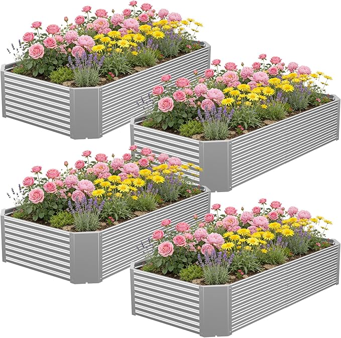 4 Pcs 4 x 2 FT Galvanized Steel Raised Garden Bed – Outdoor Planter Box for Root Vegetables Herbs &amp Flowers Large Metal Garden Beds for Backyards Terraces and Balconies