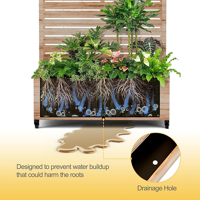 Raised Garden Bed with Trellis and Wheels73x35x16 Metal Raised Garden BedAcacia Finish Metal Planter with Climbing Trellis for Vines &amp Vegetables