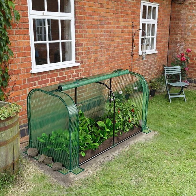 Giantex Raised Garden Bed with Cover Wood Elevated Planter Box with Legs &amp Mini Greenhouse Waterproof Sun-Protective PE Green House Cover Outdoor Use for Fruit Vegetable Flower Herb (Green+Natu