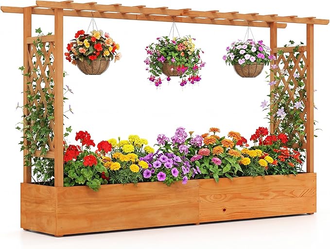 LDAILY Raised Garden Bed with Trellis Above Ground Garden Bed with Hanging Roof Side Trellis &amp 6 Drainage Holes Planter Box for Outdoor Climbing Plants Vines Flowers